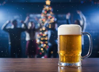 Glass of beer on wooden table with Christmas tree and people celebrating in background. Festive holiday party scene with bokeh lights, snow effect, and warm cheerful atmosphere.