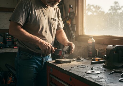 Skilled craftsman meticulously grinding metal with an angle grinder in a sunlit workshop, creating sparks and dust, showcasing dedication to his craft - Powered by Adobe