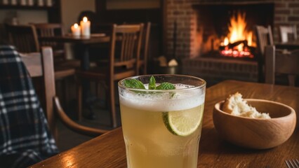 Cozy winter drink with lime and mint by a warm fireplace