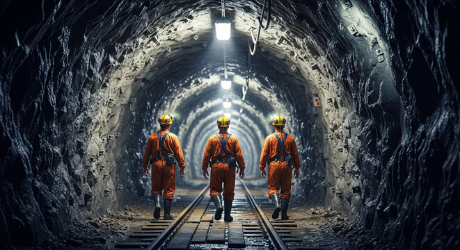 Miners walking through a dark tunnel in a mine, illuminated by their headlamps, showcasing the mining industry