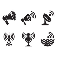 Collection of communication and broadcasting icons including megaphones, satellite dish, antenna, and microphone