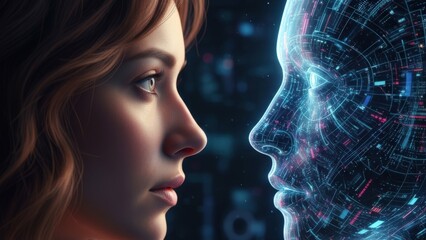 Woman observing digital human head in dark tech setting