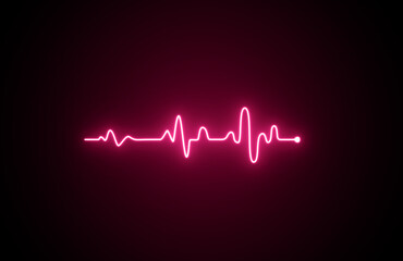 Neon ECG monitor beating heart electrocardiogram sign. Heartbeat signal on black background. Neon Pink Color Heartbeat icon. healthy, hospital, cardiology, pulse, cardiogram, heartbeat, cardiogram.