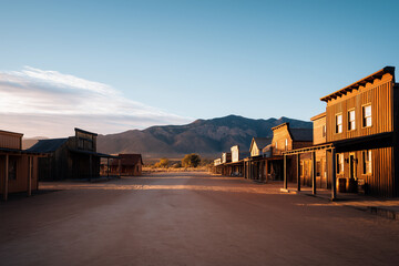 Fototapeta premium Quiet morning in an old western town under bright blue sky
