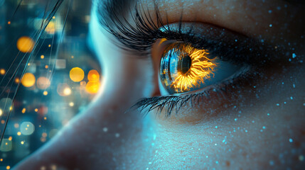 Woman's eye, golden sun, futuristic city, visionary gaze