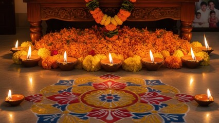 Colorful rangoli with clay lamps and flowers