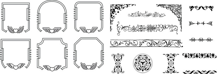 Gothic fantasy game frame and border set, medieval tribal ornament design, vintage mystic swirl arch for RPG user interface and dark mystery menu