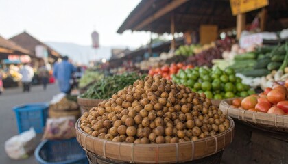 A vibrant outdoor market stall overflowing with fresh produce, featuring a large basket of longan fruit in the foreground.