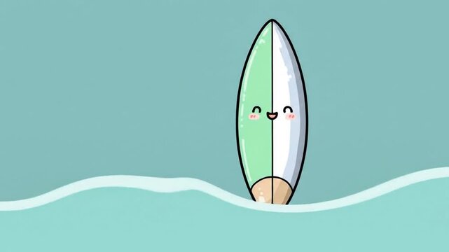 Cartoon surfboard in the ocean with smiling face and cute expression