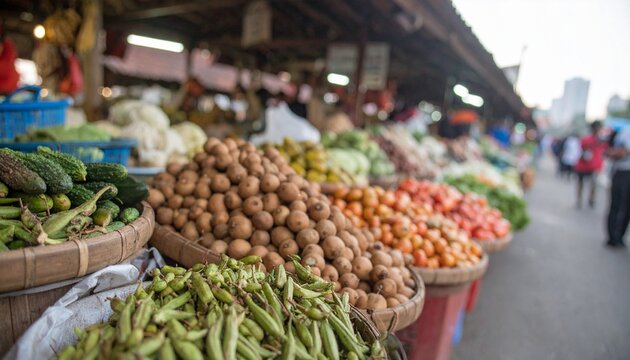 A vibrant outdoor market stall overflowing with fresh produce, including cucumbers, potatoes, and various colorful vegetables.