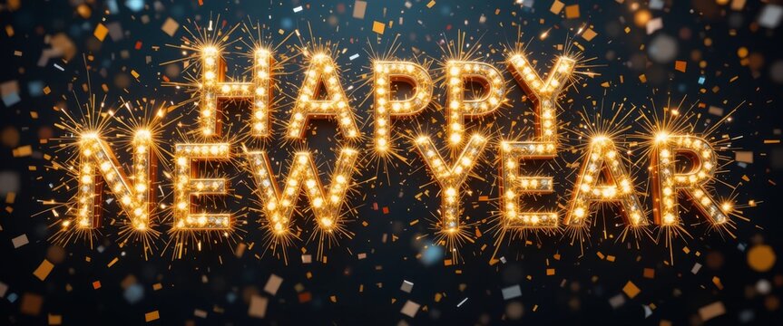 Goldener Schriftzug Happy New Year aus funkelnden Lichtern mit glitzernden Partikeln auf dunklem Hintergrund Generative KI