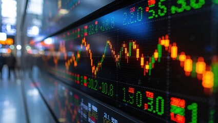 Stock market display showing financial data and trends.