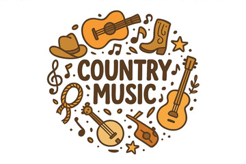 Country music vector illustration. Round concept with lettering, guitar, banjo, boot, and cowboy hat. Western festival circle print with musical symbols. Doodle cartoon design.