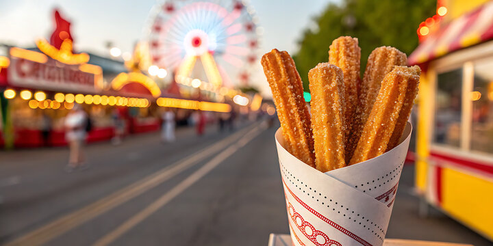Closeup of a paper cone filled with golden brown churros, dusted with sugar, at a vibrant amusement park with a ferris wheel and food stalls in the blurred background