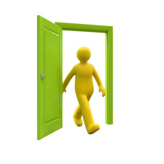 Yellow figure stepping through a green doorway on transparent background