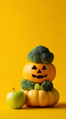Creative display of pumpkin, apple, and broccoli with a cheerful smile