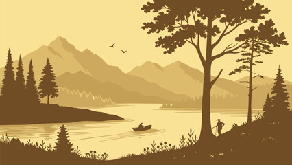 Peaceful mountain lake scenic view with silhouette of man fishing and hiking, perfect for travel, vacation, or outdoor adventure marketing campaigns
