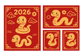 2026 Chinese New Year Zodiac Snake Greeting Posters and Covers, Festive Asian Red and Gold Banner Set with Traditional Decorative Clouds and Flowers for Lunar Celebration