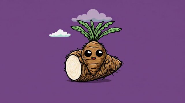 Cartoon root vegetable character on purple background