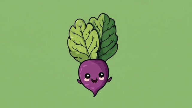 Cartoon beetroot with leafy top smiling on green background