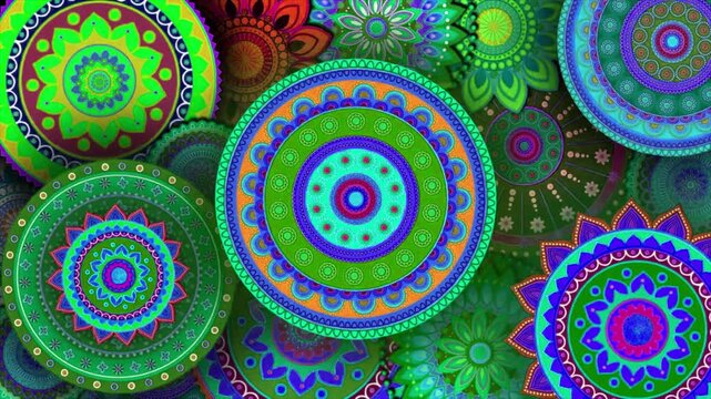 Vibrant mandala patterns shift and shimmer, creating an energetic backdrop perfect for meditation videos or creative projects needing a psychedelic touch