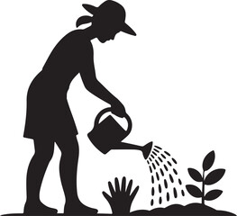 Silhouette of a woman watering plants in a garden with a watering can vector illustration
