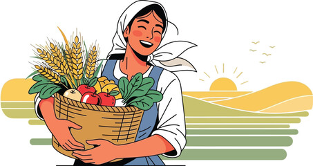 Happy farmer carrying bountiful harvest basket at sunrise for healthy organic food