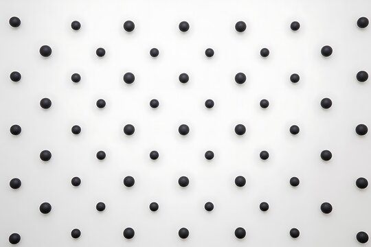 Minimalist black balls on white background creating an abstract pattern of dots and shadows