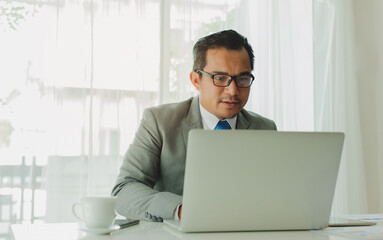 Businessman sitting working with laptop in office. Financial planner and successful business owner.