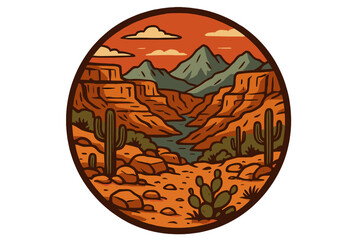 Grand Canyon Arizona landscape vector illustration with mountains, rock formations, cactuses, desert trail, river, Southwest nature, vintage badge emblem, adventure, wild west sticker design