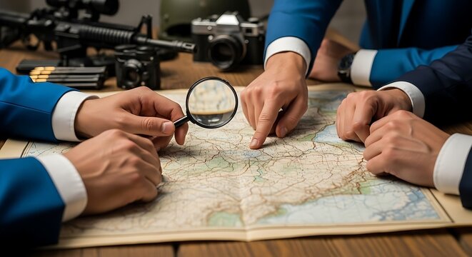 Team of experts strategizing military operations using maps and magnifying glass