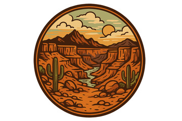 Grand Canyon Desert Landscape Badge Illustration. Arizona Canyon View with Mountains, Sunset, Rocks, Boulders, Cacti, River, Clouds. Western Nature Emblem for Sticker, Travel, Adventure Design