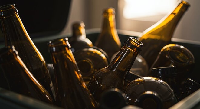 A collection of empty brown glass bottles and jars are gathered in a bin for recycling.Concept of glass waste sorting and recycling.