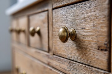 Obraz premium Front kitchen wooden frame cabinet door and drawers. Closeup Antique. Wooden cabinet door, brass door handles, old retro furniture base set. Trendy interior units. Home improvement concept. Samples