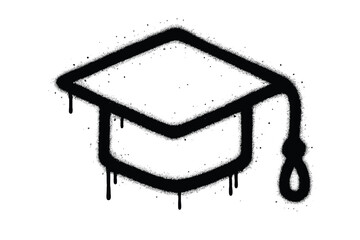 Graffiti Graduation Cap Vector Icon. Urban Spray Painted Graduation Hat Symbol. Dripping Black Spray Art. Hand Drawn 90s Style Graduation Illustration on White Background. Grunge Education Street Art.