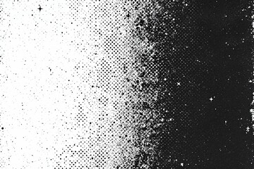Black and white halftone gradient texture with distressed dots and rough surface. Abstract vintage background with retro print style and worn paper effect for graphic design.
