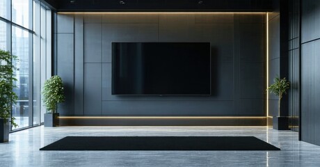 Modern interior features dark walls, large tv, minimal decor. Plants flank windows, creating sleek, spacious ambiance.