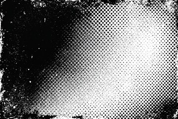 Vintage halftone grunge texture with black and white dots, faded edges, and rough surface. Abstract retro background with distressed paper effect and classic comic print style.