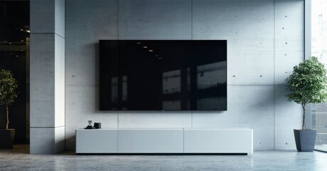 Minimalist living room features large screen TV, sleek white console. Plants flank sides, concrete wall provides neutral backdrop. Modern design.