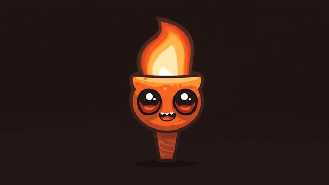 Animated cartoon torch character with fire flames and happy face