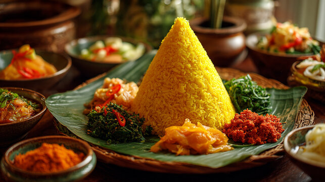 A vibrant indonesian nasi tumpeng dish featuring yellow rice and various side dishes on a banana leaf