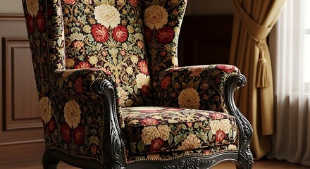 Vintage Wingback Chair Displaying a Classic Floral Patterned Upholstery