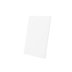 A single, blank, rectangular, white card or sheet of paper stands upright against a white background.