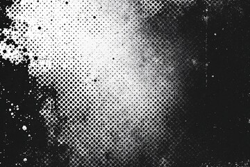 Grunge halftone texture with black and white dots, scratches, and stains. Abstract distressed background with vintage comic style pattern and rough paper surface effect.