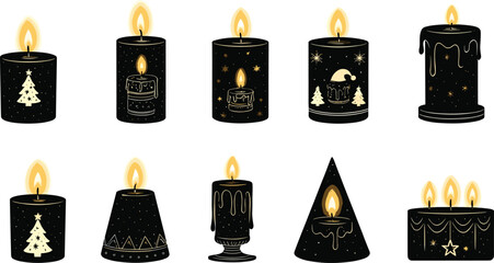 Christmas candle silhouettes, festive flame icons, holiday decoration vector, black and gold clipart, seasonal ornament, elegant design, minimalist graphic