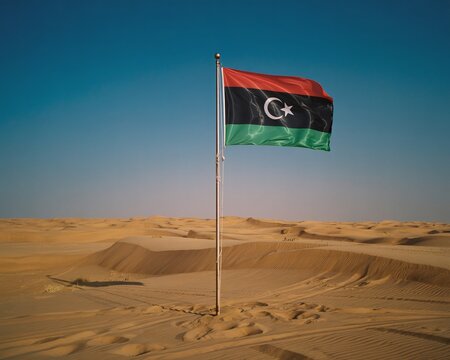 The National Flag of Libya Waving on a Tall Pole in the Middle of the Vast, Golden Sand Dunes of the Libyan Desert.

