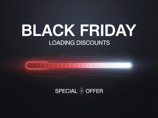 Obraz premium Black Friday Loading Discounts Banner with a Digital Progress Bar and Special Offer Text on a Dark Background.