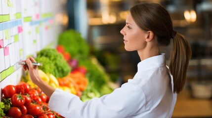 Chef organizing fresh produce in a vibrant kitchen, planning meals with colorful vegetables in view
