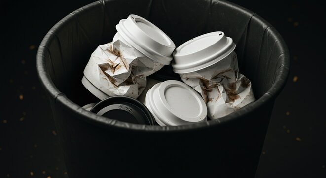 A trash bin is full of used disposable coffee cups, representing single-use product waste.Concept of single-use waste and pollution.