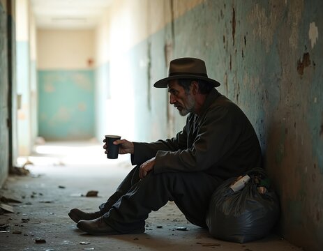 Man sits in dilapidated corridor holding cup. He looks down wearing hat and dark clothes. Homeless person next to bag in abandoned building. Beggar seeks help.